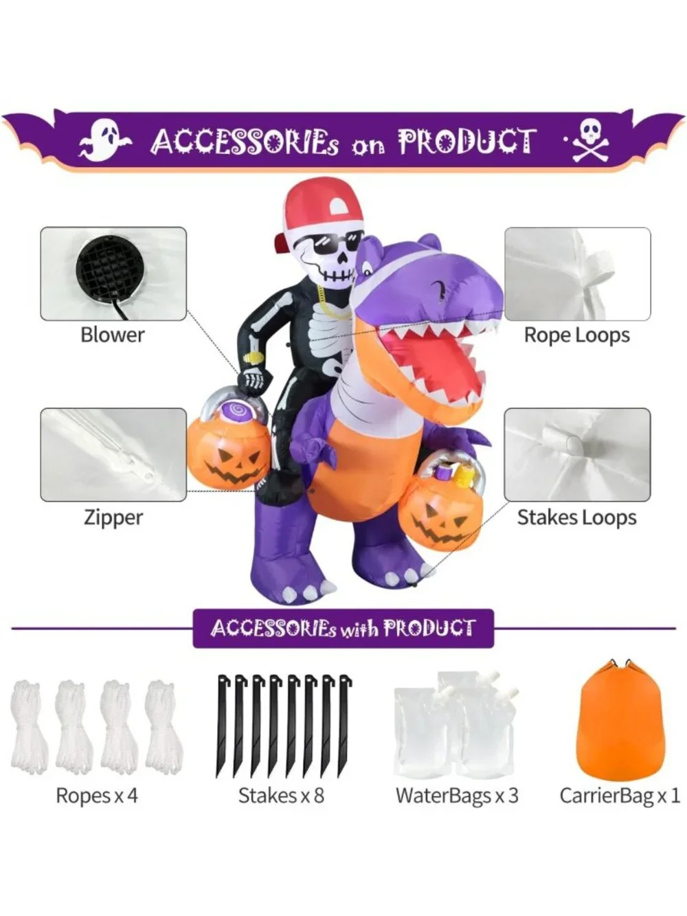 6FT Inflatable Skeleton Dinosaur Halloween Yard Decor - Spooky Outdoor